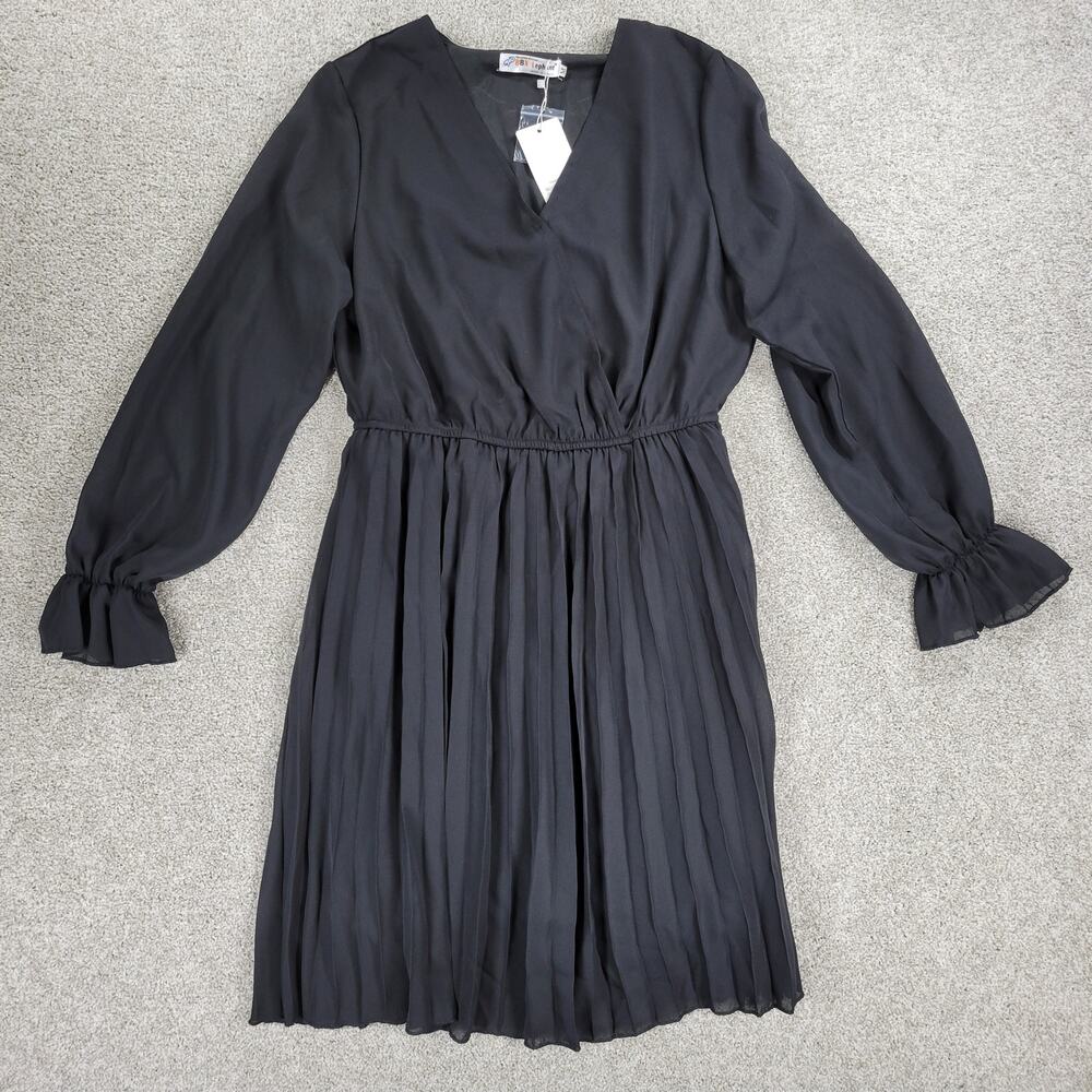 BBX Lephsnt Faux Wrap Dress Womens M Black Pleated Long Puff Sleeve‎ Midi New